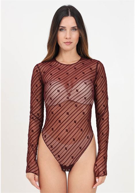 Body bordeaux da donna in tulle flock con disegno diagonale ELISABETTA FRANCHI | BO00446E2CG3